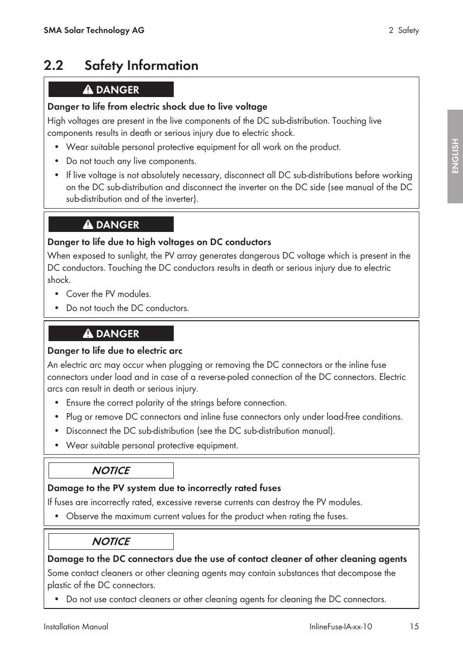 2 safety information, Safety information | SMA IFCON Inline-Fuse-Connector-Set16 User Manual | Page 15 / 88