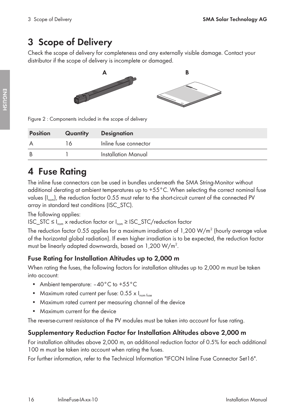 3 scope of delivery, 4 fuse rating, Scope of delivery | Fuse rating | SMA IFCON Inline-Fuse-Connector-Set16 User Manual | Page 16 / 88