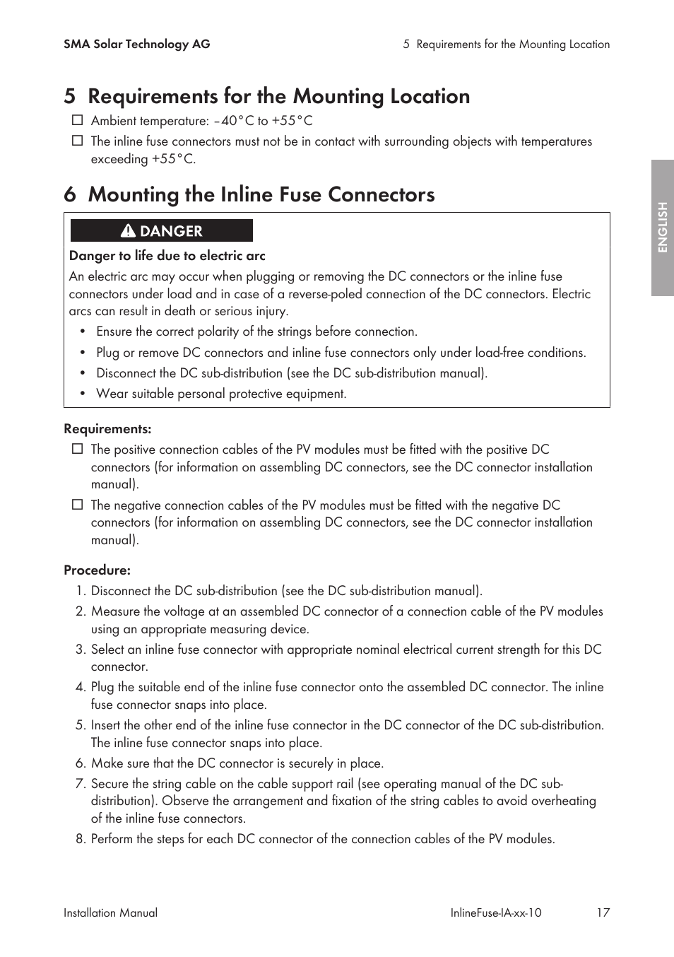 5 requirements for the mounting location, 6 mounting the inline fuse connectors, Requirements for the mounting location | Mounting the inline fuse connectors | SMA IFCON Inline-Fuse-Connector-Set16 User Manual | Page 17 / 88