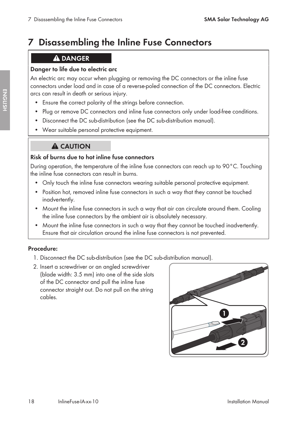 7 disassembling the inline fuse connectors, Disassembling the inline fuse connectors | SMA IFCON Inline-Fuse-Connector-Set16 User Manual | Page 18 / 88