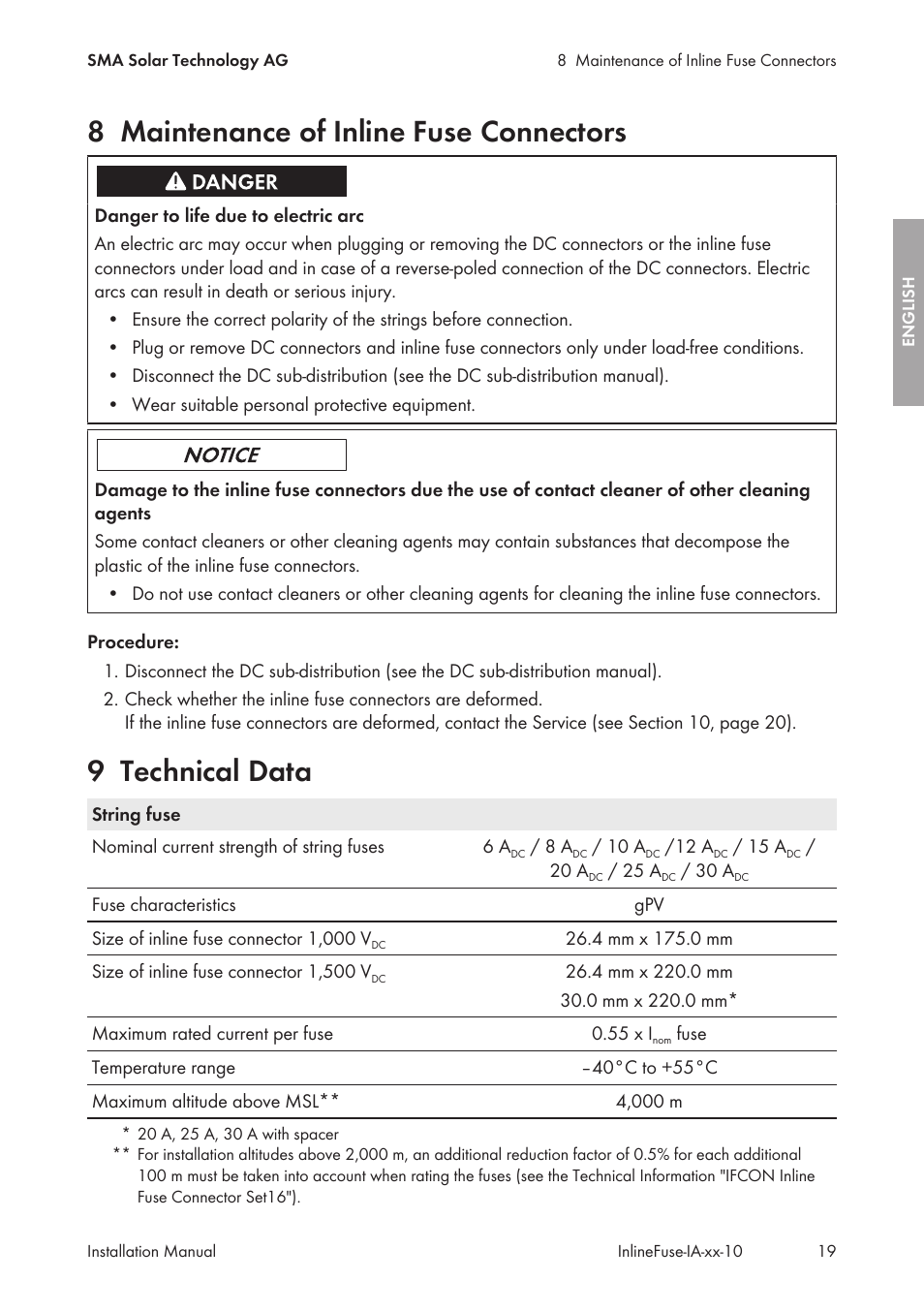 8 maintenance of inline fuse connectors, 9 technical data, Maintenance of inline fuse connectors | Technical data | SMA IFCON Inline-Fuse-Connector-Set16 User Manual | Page 19 / 88