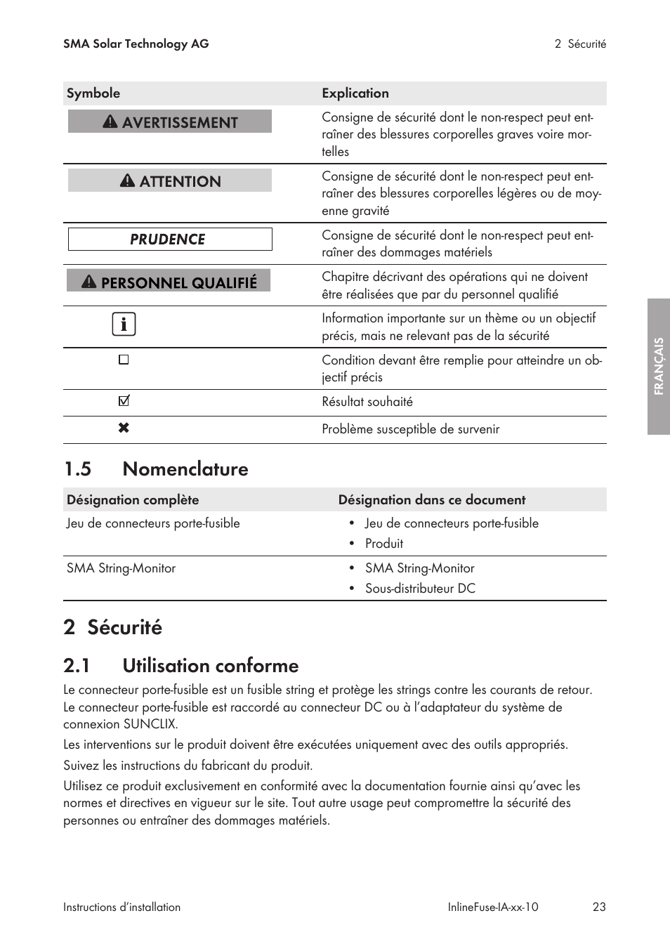 5 nomenclature, 2 sécurité, 1 utilisation conforme | Nomenclature, Sécurité, Utilisation conforme | SMA IFCON Inline-Fuse-Connector-Set16 User Manual | Page 23 / 88