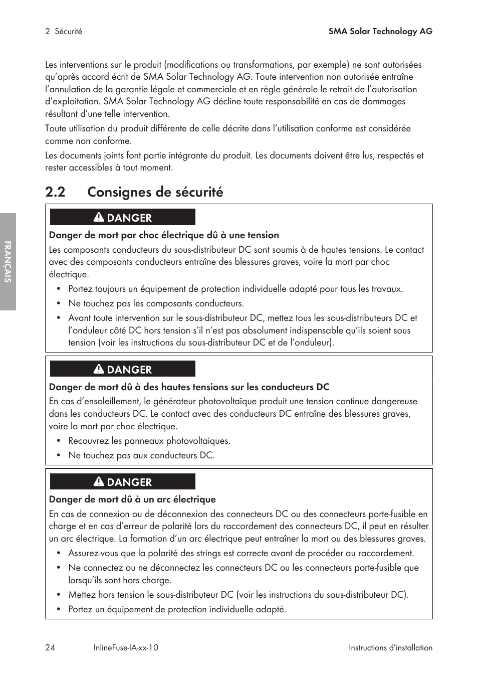 2 consignes de sécurité, Consignes de sécurité | SMA IFCON Inline-Fuse-Connector-Set16 User Manual | Page 24 / 88