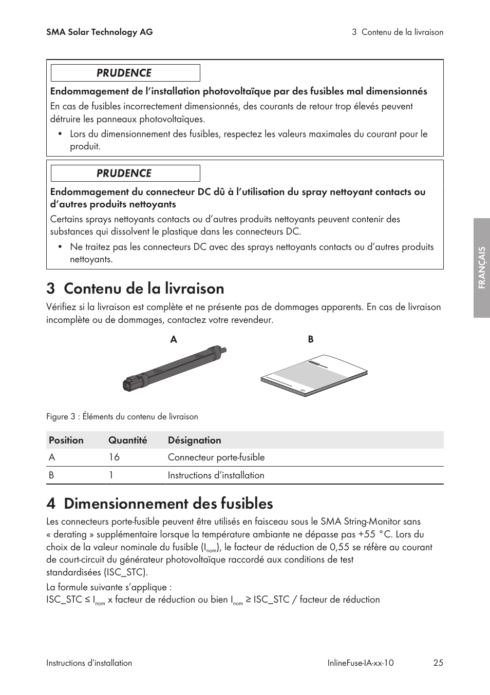 3 contenu de la livraison, 4 dimensionnement des fusibles, Contenu de la livraison | Dimensionnement des fusibles | SMA IFCON Inline-Fuse-Connector-Set16 User Manual | Page 25 / 88