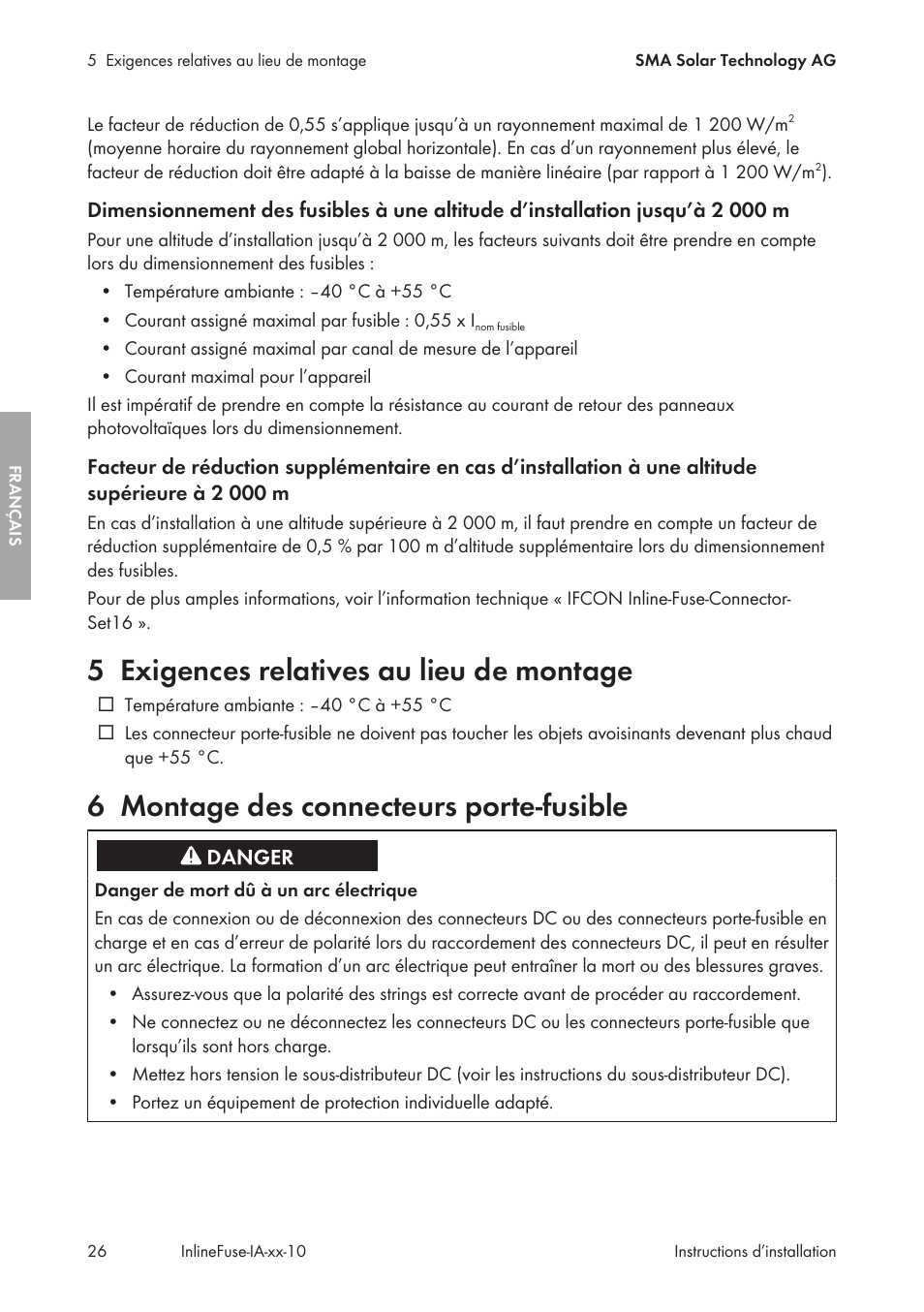 5 exigences relatives au lieu de montage, 6 montage des connecteurs porte-fusible, Exigences relatives au lieu de montage | Montage des connecteurs porte-fusible | SMA IFCON Inline-Fuse-Connector-Set16 User Manual | Page 26 / 88