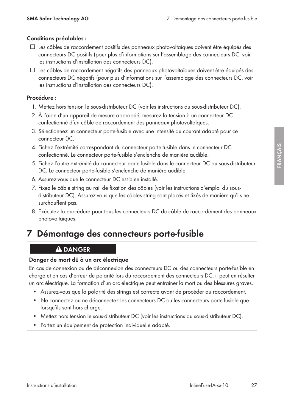 7 démontage des connecteurs porte-fusible, Démontage des connecteurs porte-fusible | SMA IFCON Inline-Fuse-Connector-Set16 User Manual | Page 27 / 88