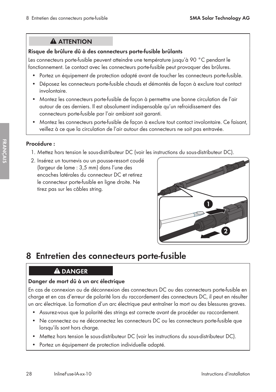 8 entretien des connecteurs porte-fusible, Entretien des connecteurs porte-fusible | SMA IFCON Inline-Fuse-Connector-Set16 User Manual | Page 28 / 88