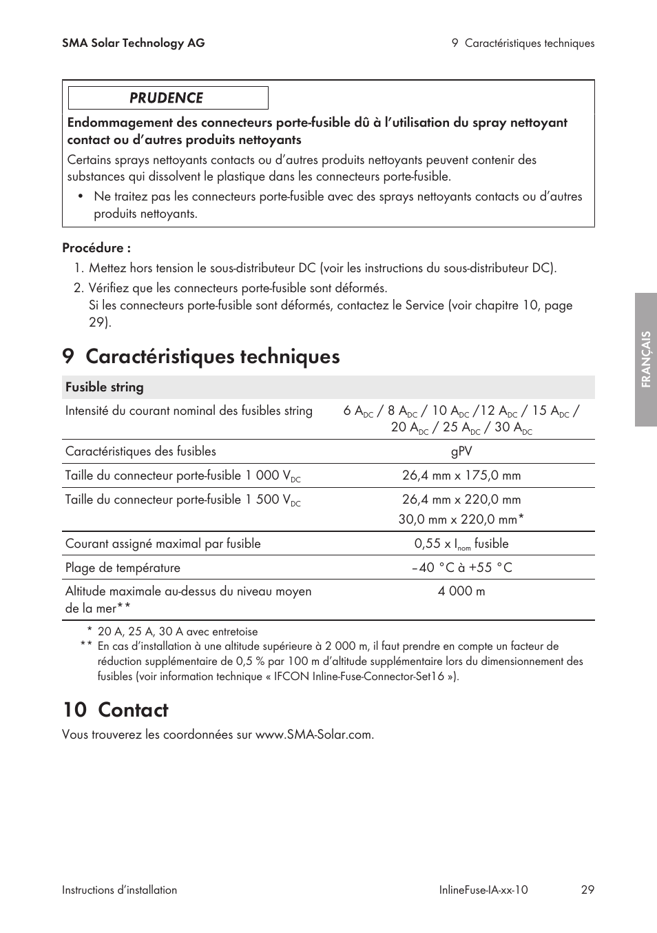 9 caractéristiques techniques, 10 contact, Caractéristiques techniques | SMA IFCON Inline-Fuse-Connector-Set16 User Manual | Page 29 / 88