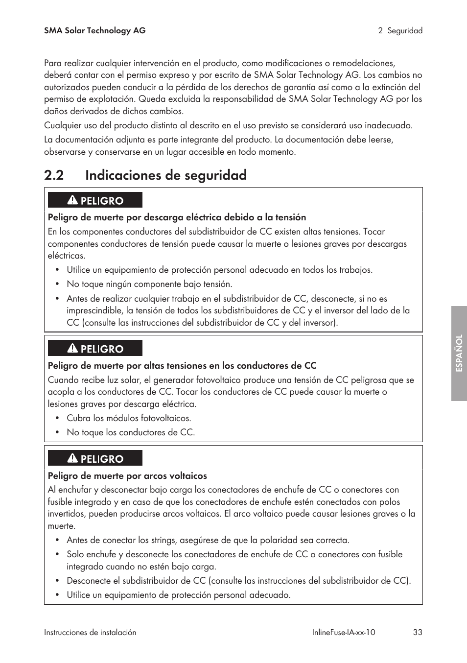 2 indicaciones de seguridad, Indicaciones de seguridad | SMA IFCON Inline-Fuse-Connector-Set16 User Manual | Page 33 / 88