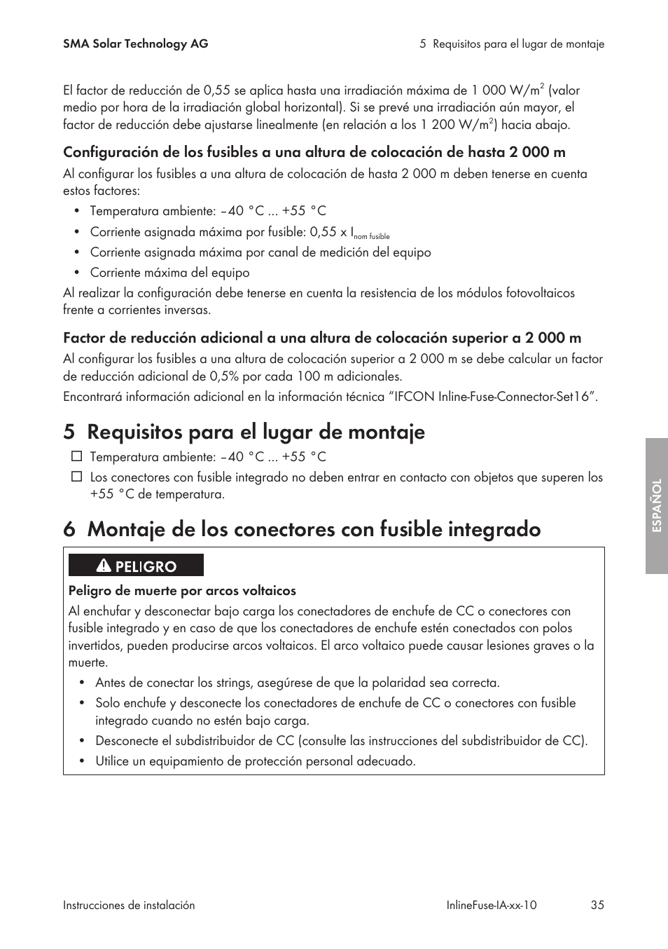 5 requisitos para el lugar de montaje, 6 montaje de los conectores con fusible integrado, Requisitos para el lugar de montaje | Montaje de los conectores con fusible integrado | SMA IFCON Inline-Fuse-Connector-Set16 User Manual | Page 35 / 88
