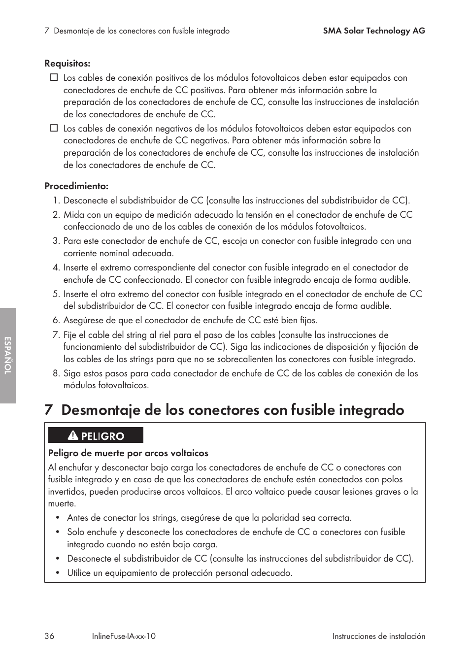 Desmontaje de los conectores con fusible integrado | SMA IFCON Inline-Fuse-Connector-Set16 User Manual | Page 36 / 88