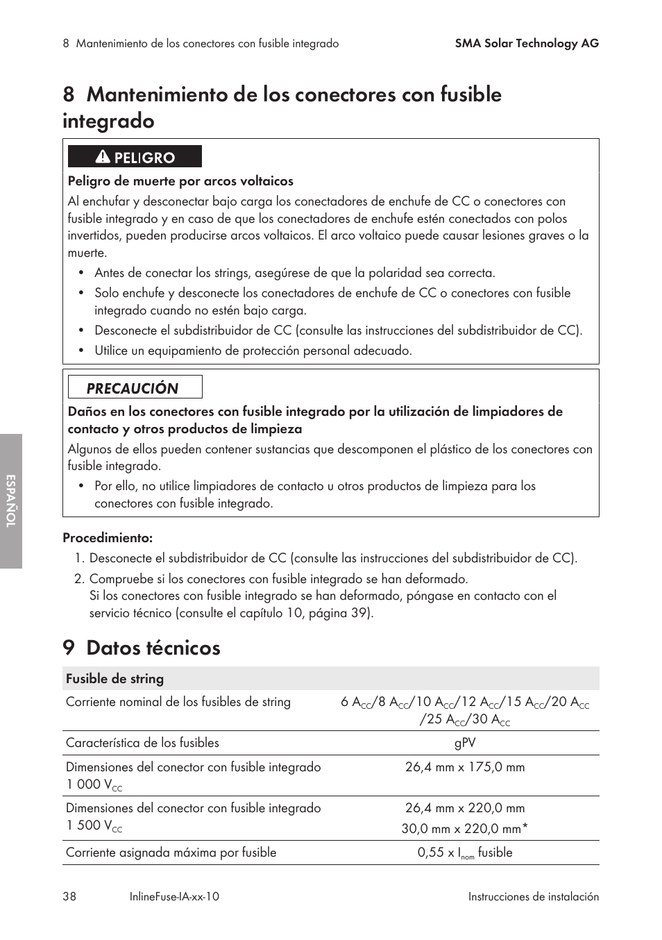 9 datos técnicos, Datos técnicos | SMA IFCON Inline-Fuse-Connector-Set16 User Manual | Page 38 / 88