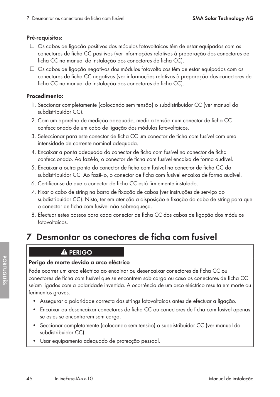 7 desmontar os conectores de ficha com fusível, Desmontar os conectores de ficha com fusível | SMA IFCON Inline-Fuse-Connector-Set16 User Manual | Page 46 / 88