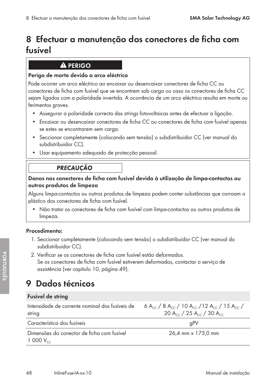 9 dados técnicos, Dados técnicos | SMA IFCON Inline-Fuse-Connector-Set16 User Manual | Page 48 / 88