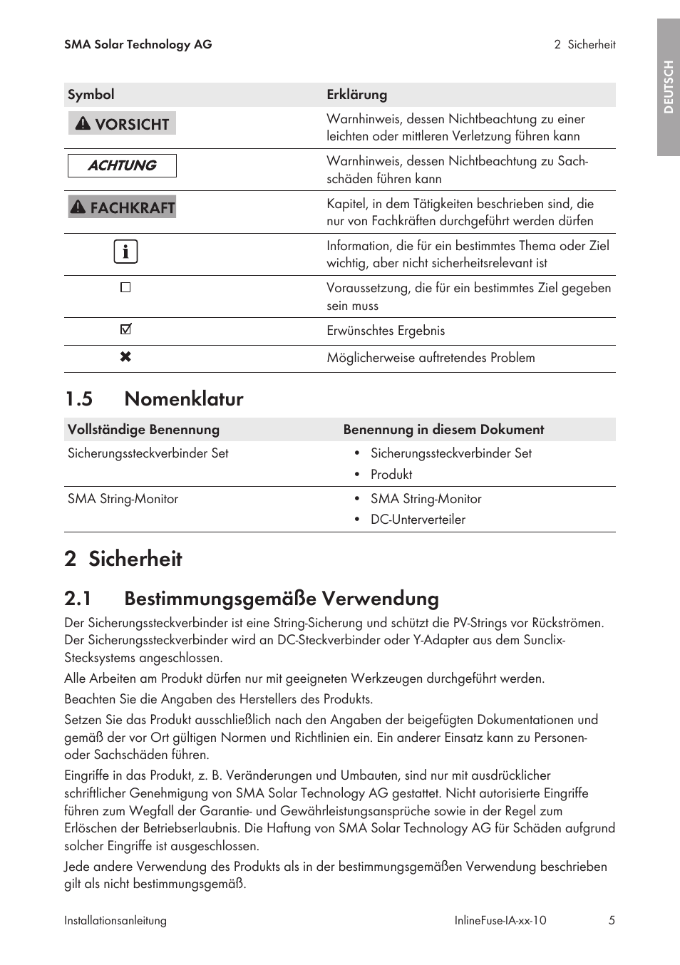 5 nomenklatur, 2 sicherheit, 1 bestimmungsgemäße verwendung | Nomenklatur, Sicherheit, Bestimmungsgemäße verwendung | SMA IFCON Inline-Fuse-Connector-Set16 User Manual | Page 5 / 88