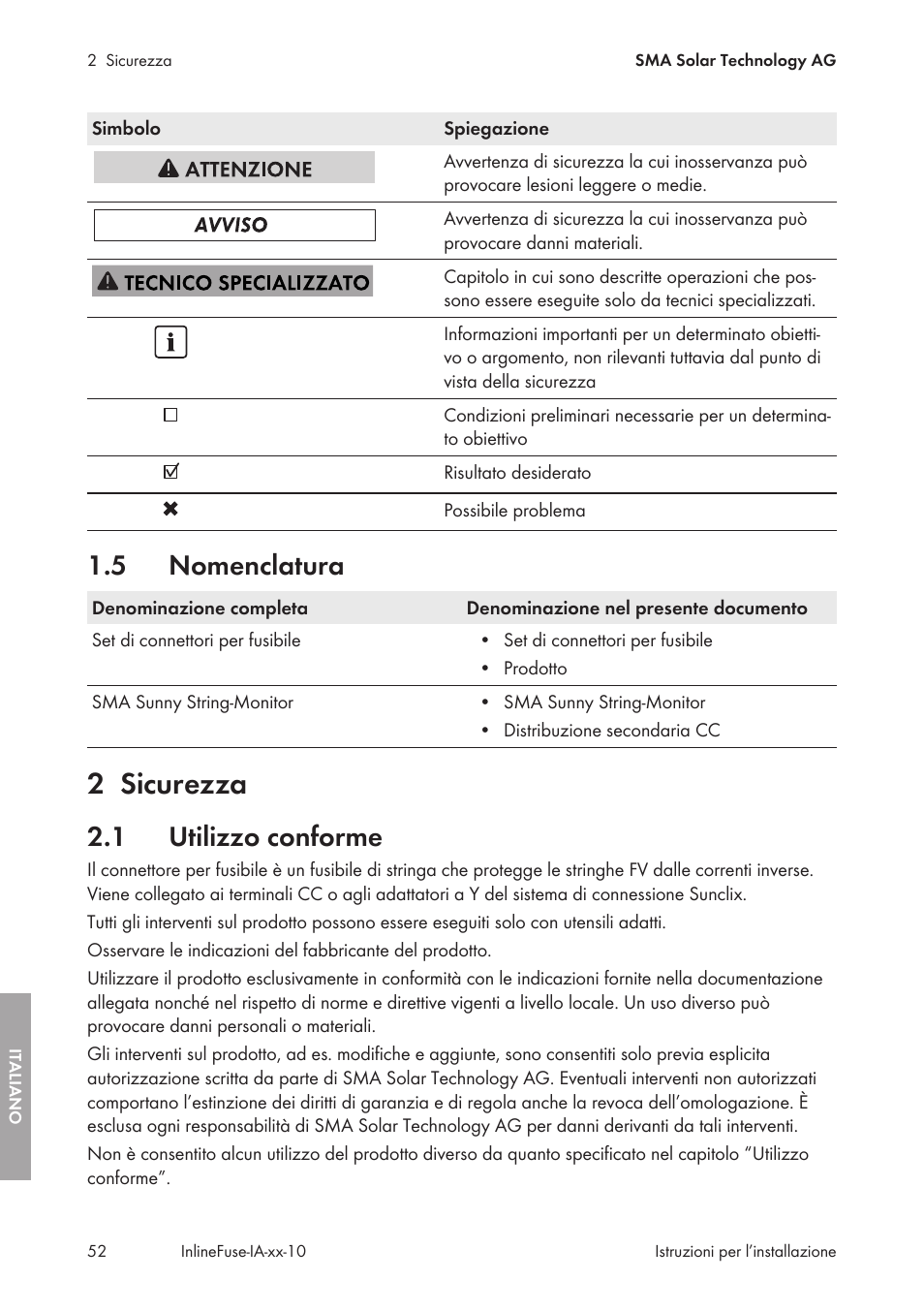 5 nomenclatura, 2 sicurezza, 1 utilizzo conforme | Nomenclatura, Sicurezza, Utilizzo conforme | SMA IFCON Inline-Fuse-Connector-Set16 User Manual | Page 52 / 88