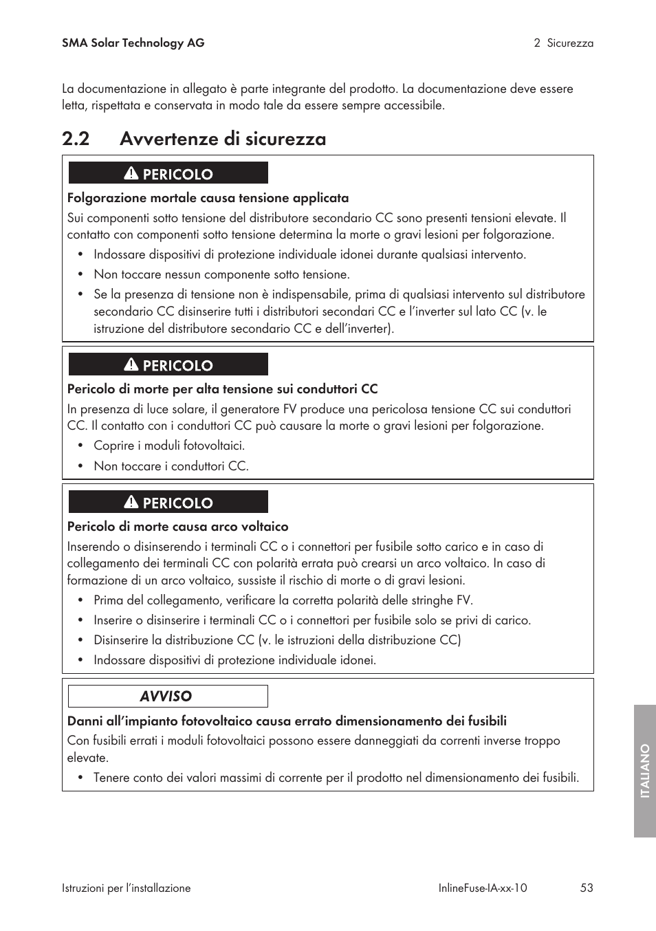 2 avvertenze di sicurezza, Avvertenze di sicurezza | SMA IFCON Inline-Fuse-Connector-Set16 User Manual | Page 53 / 88