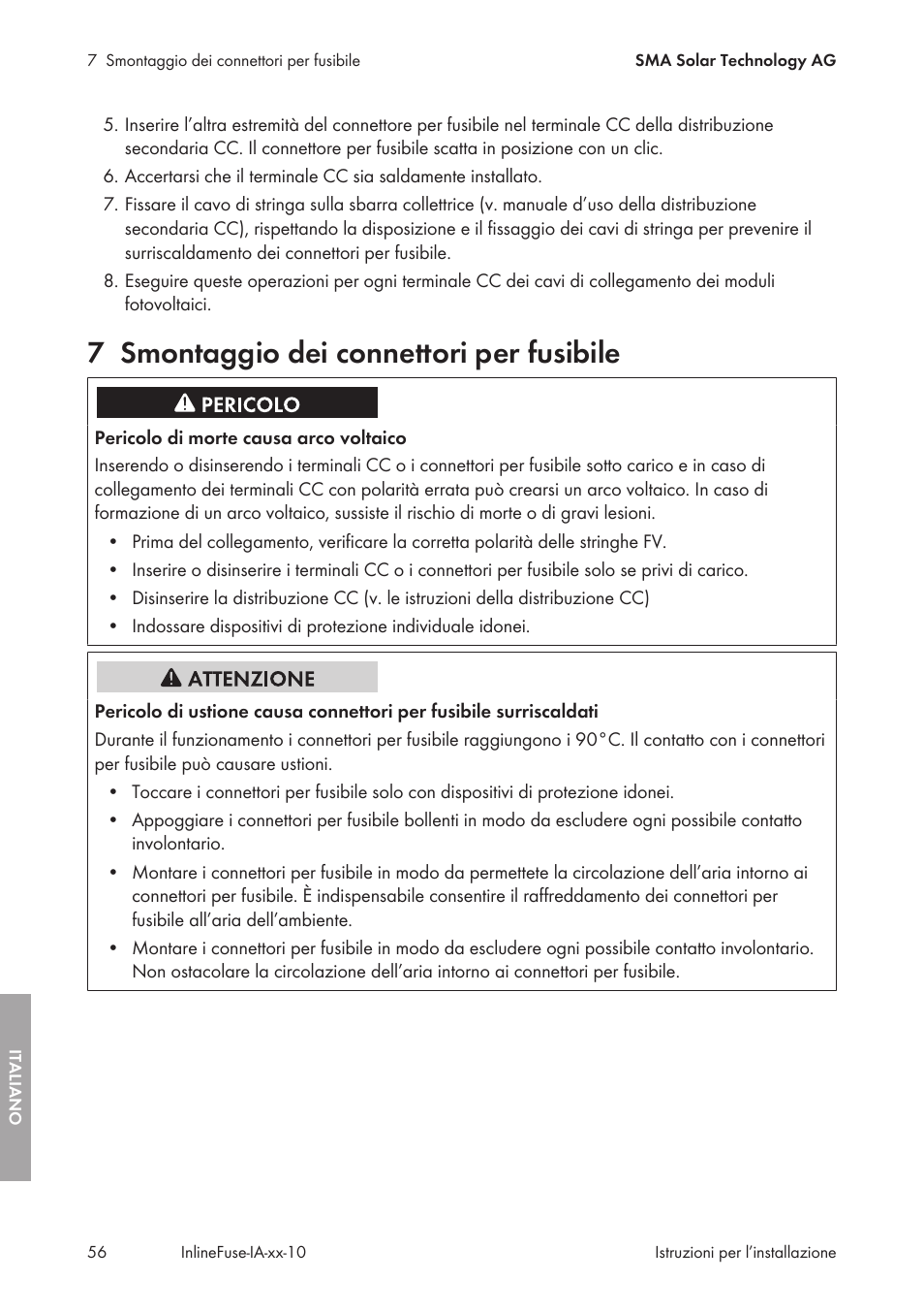 7 smontaggio dei connettori per fusibile, Smontaggio dei connettori per fusibile | SMA IFCON Inline-Fuse-Connector-Set16 User Manual | Page 56 / 88