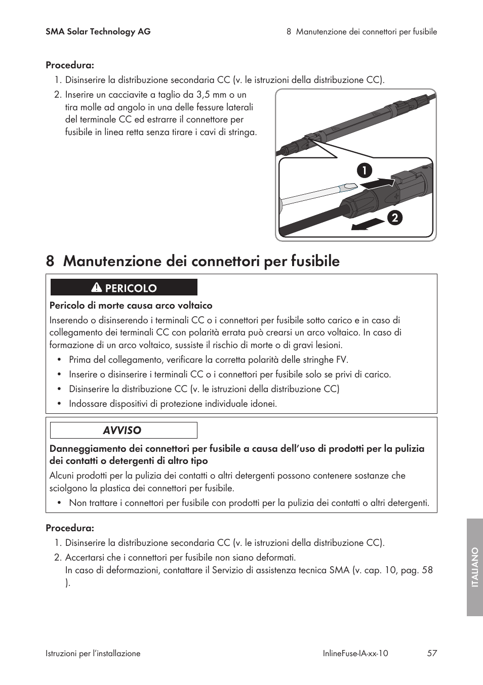 8 manutenzione dei connettori per fusibile, Manutenzione dei connettori per fusibile | SMA IFCON Inline-Fuse-Connector-Set16 User Manual | Page 57 / 88