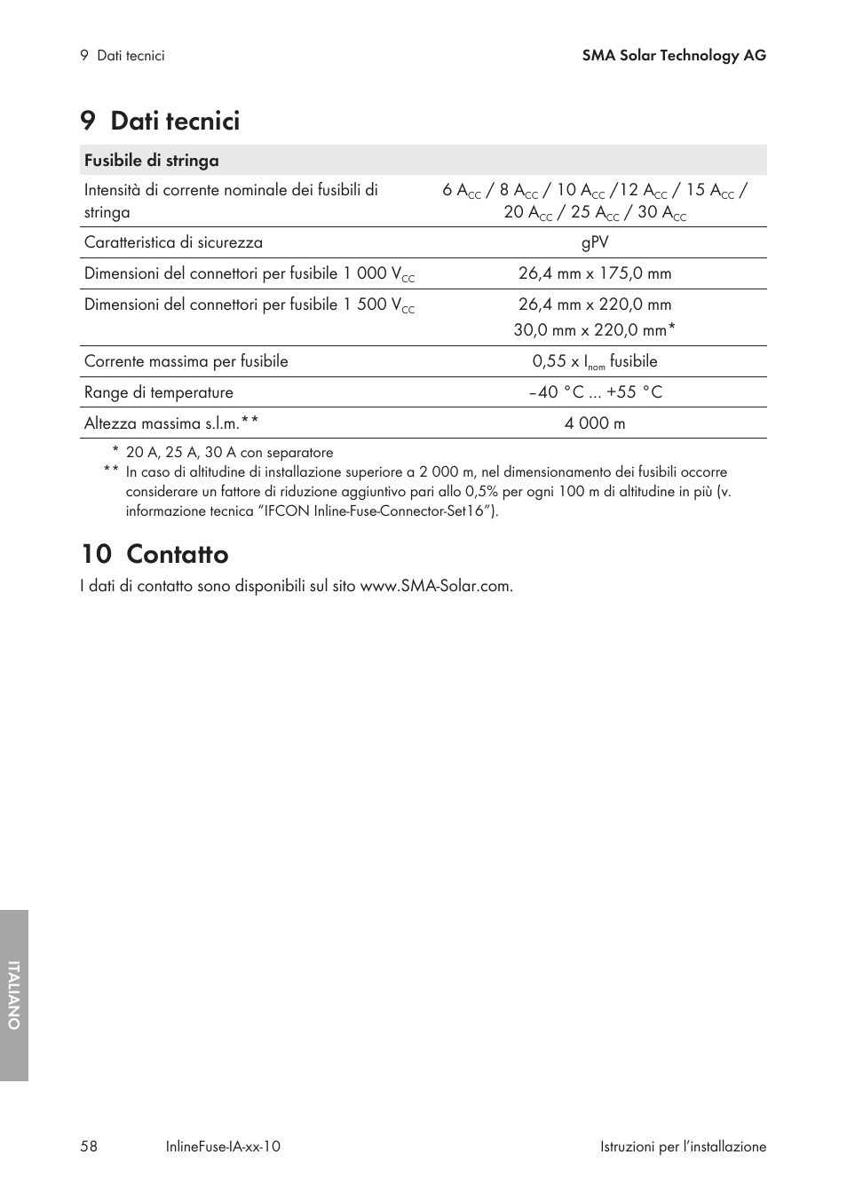 9 dati tecnici, 10 contatto, Dati tecnici | SMA IFCON Inline-Fuse-Connector-Set16 User Manual | Page 58 / 88