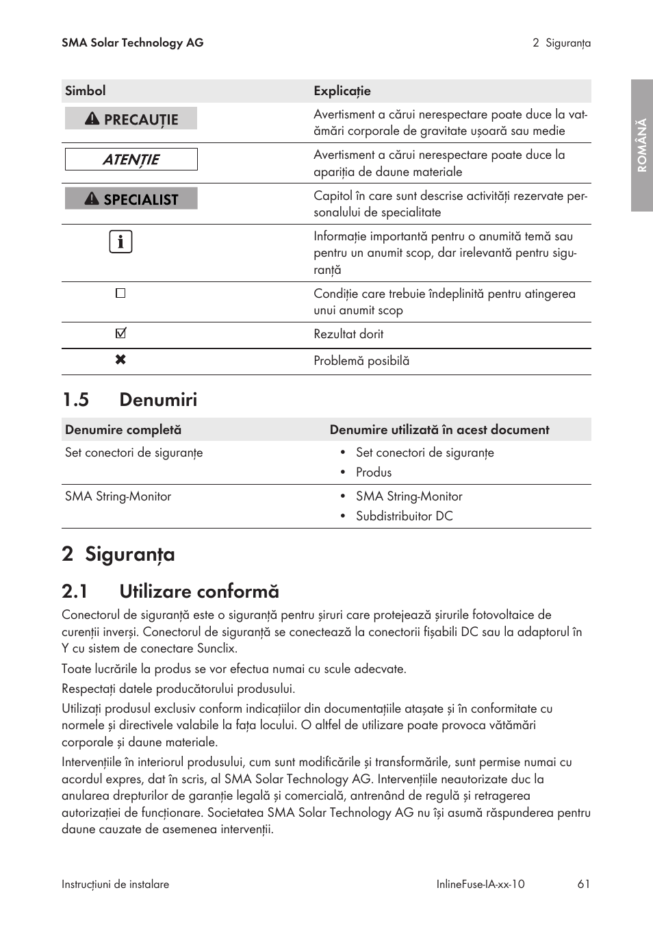 5 denumiri, 2 siguranţa, 1 utilizare conformă | Denumiri, Siguranţa, Utilizare conformă | SMA IFCON Inline-Fuse-Connector-Set16 User Manual | Page 61 / 88