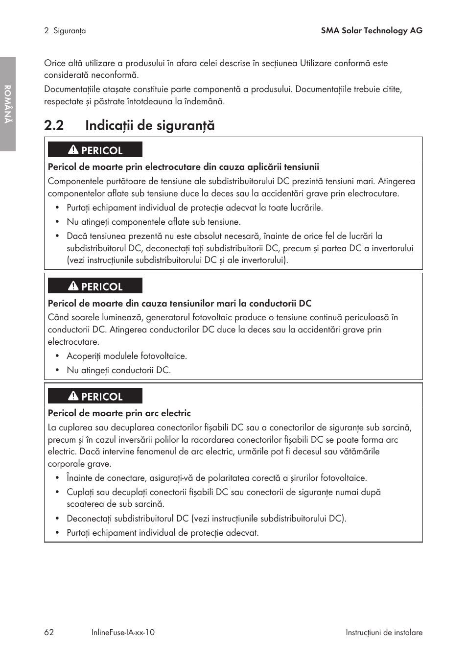 2 indicaţii de siguranţă, Indicaţii de siguranţă | SMA IFCON Inline-Fuse-Connector-Set16 User Manual | Page 62 / 88