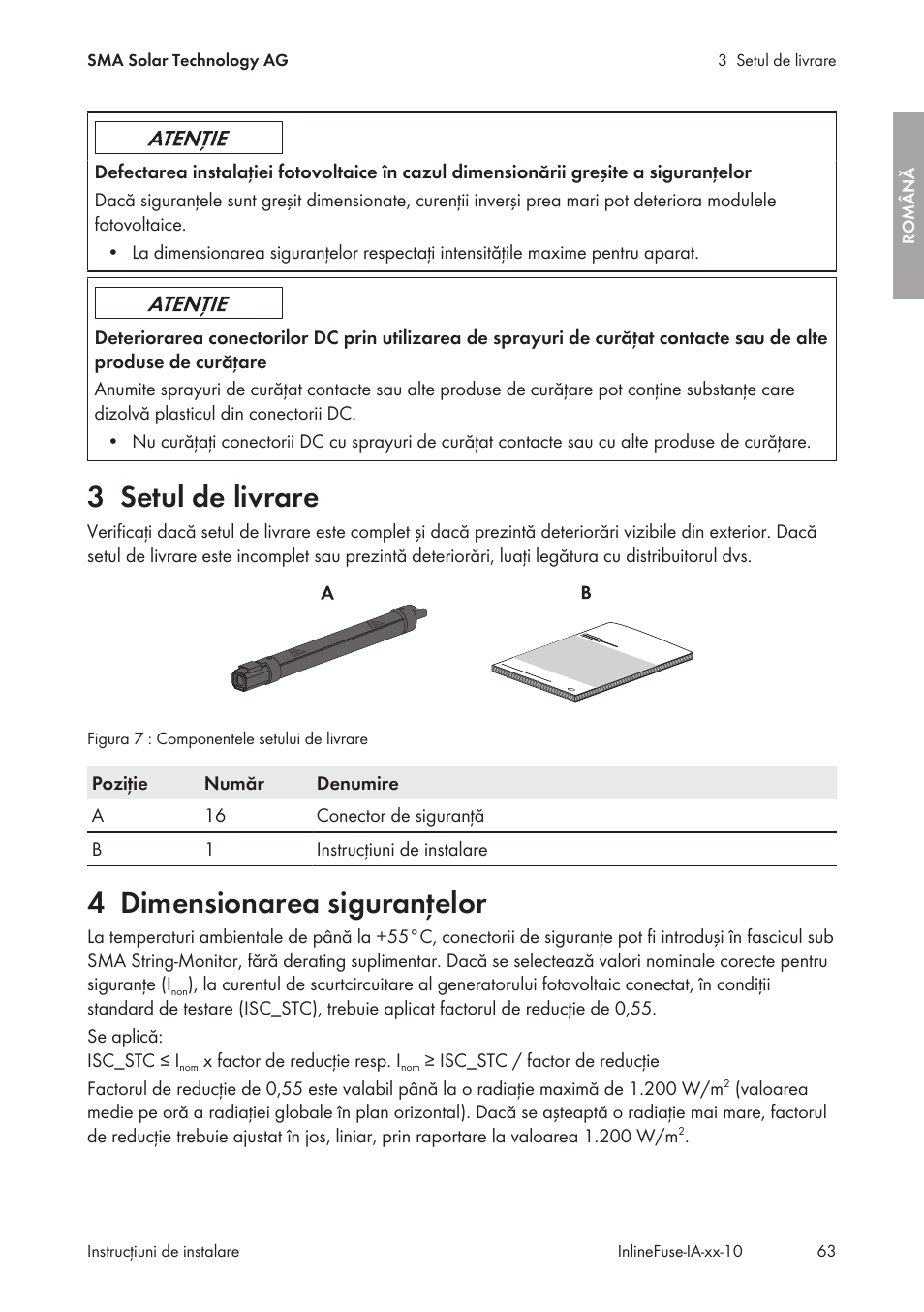 3 setul de livrare, 4 dimensionarea siguranţelor, Setul de livrare | Dimensionarea siguranţelor | SMA IFCON Inline-Fuse-Connector-Set16 User Manual | Page 63 / 88