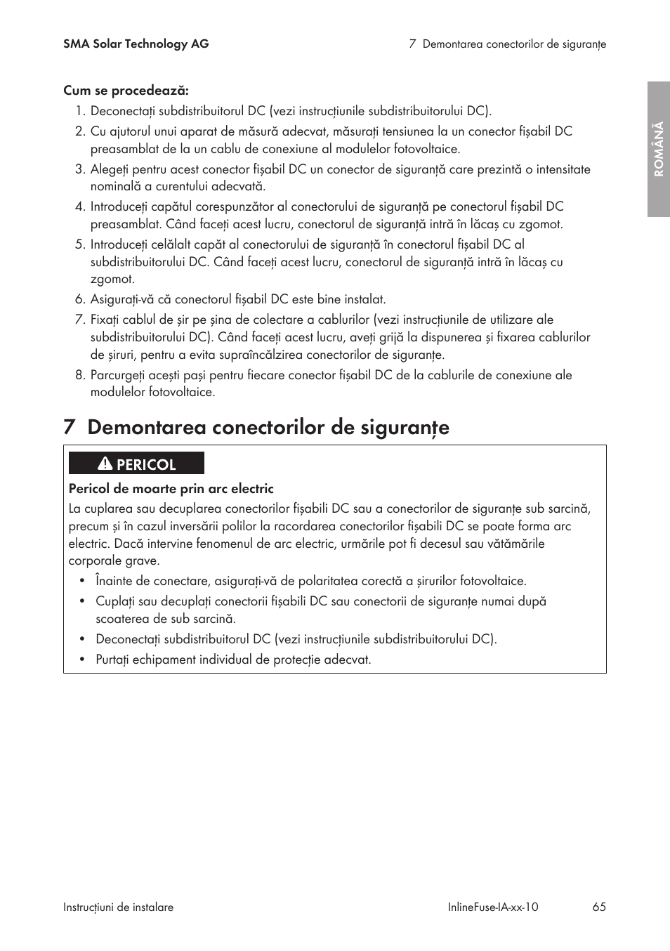 7 demontarea conectorilor de siguranţe, Demontarea conectorilor de siguranţe | SMA IFCON Inline-Fuse-Connector-Set16 User Manual | Page 65 / 88