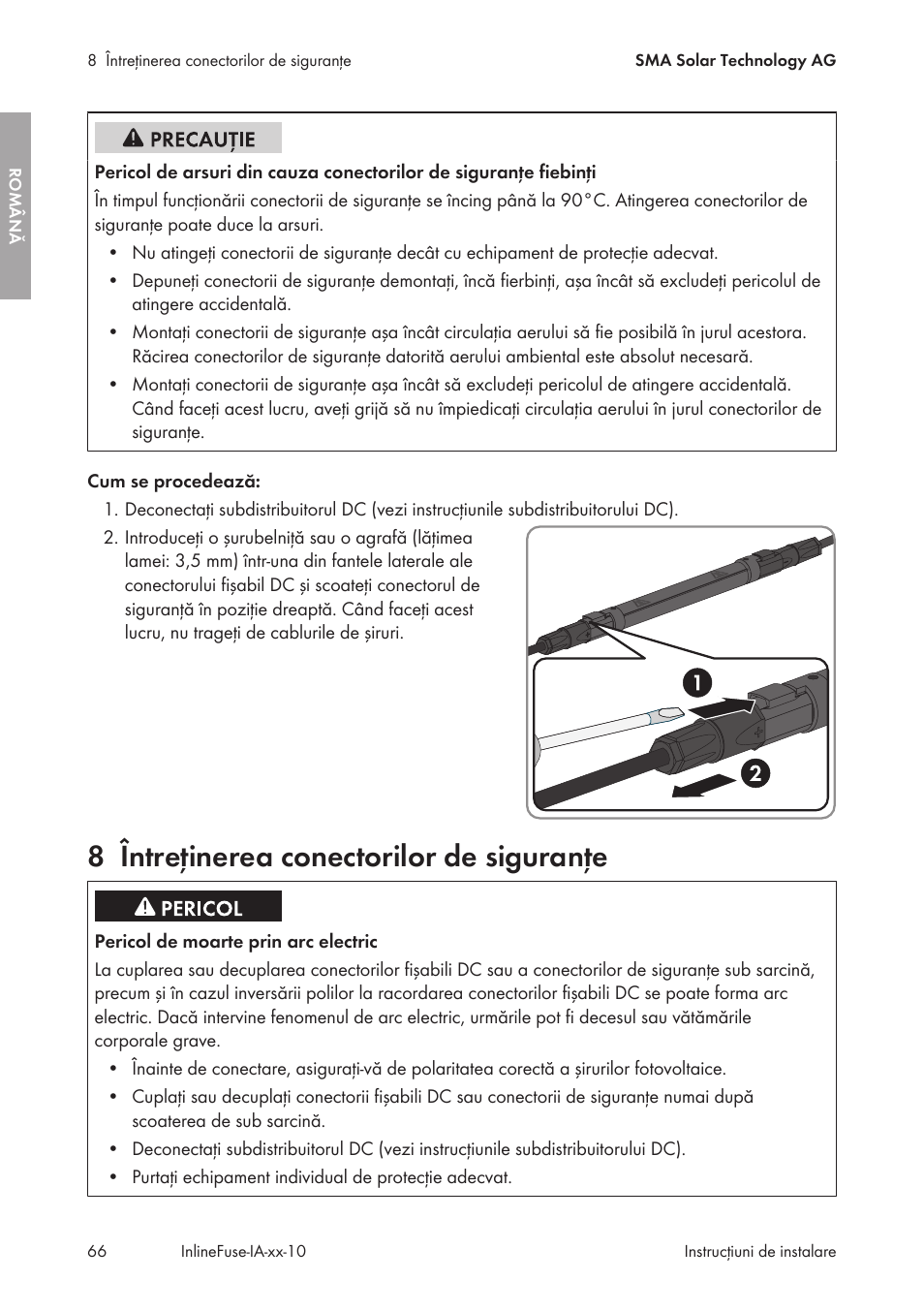 8 întreţinerea conectorilor de siguranţe, Întreţinerea conectorilor de siguranţe | SMA IFCON Inline-Fuse-Connector-Set16 User Manual | Page 66 / 88