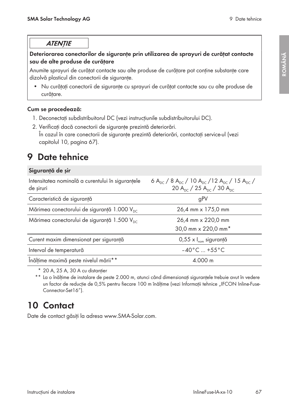 9 date tehnice, 10 contact, Date tehnice | SMA IFCON Inline-Fuse-Connector-Set16 User Manual | Page 67 / 88