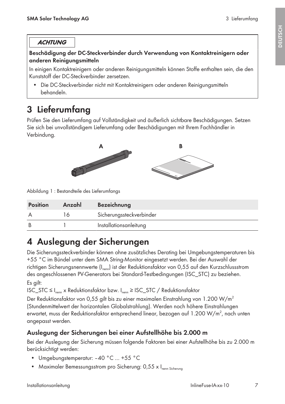 3 lieferumfang, 4 auslegung der sicherungen, Lieferumfang | Auslegung der sicherungen | SMA IFCON Inline-Fuse-Connector-Set16 User Manual | Page 7 / 88