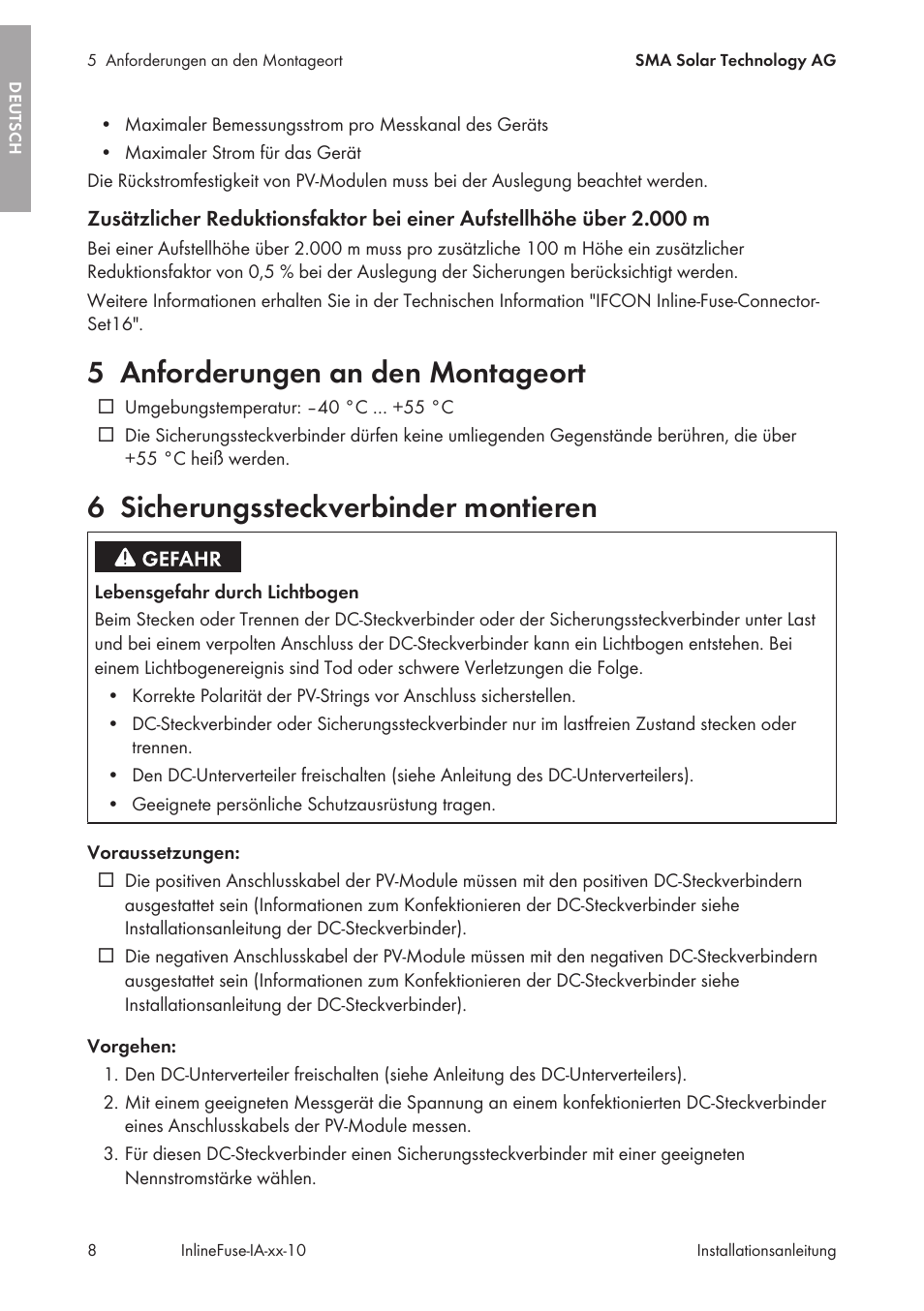 5 anforderungen an den montageort, 6 sicherungssteckverbinder montieren, Anforderungen an den montageort | Sicherungssteckverbinder montieren | SMA IFCON Inline-Fuse-Connector-Set16 User Manual | Page 8 / 88