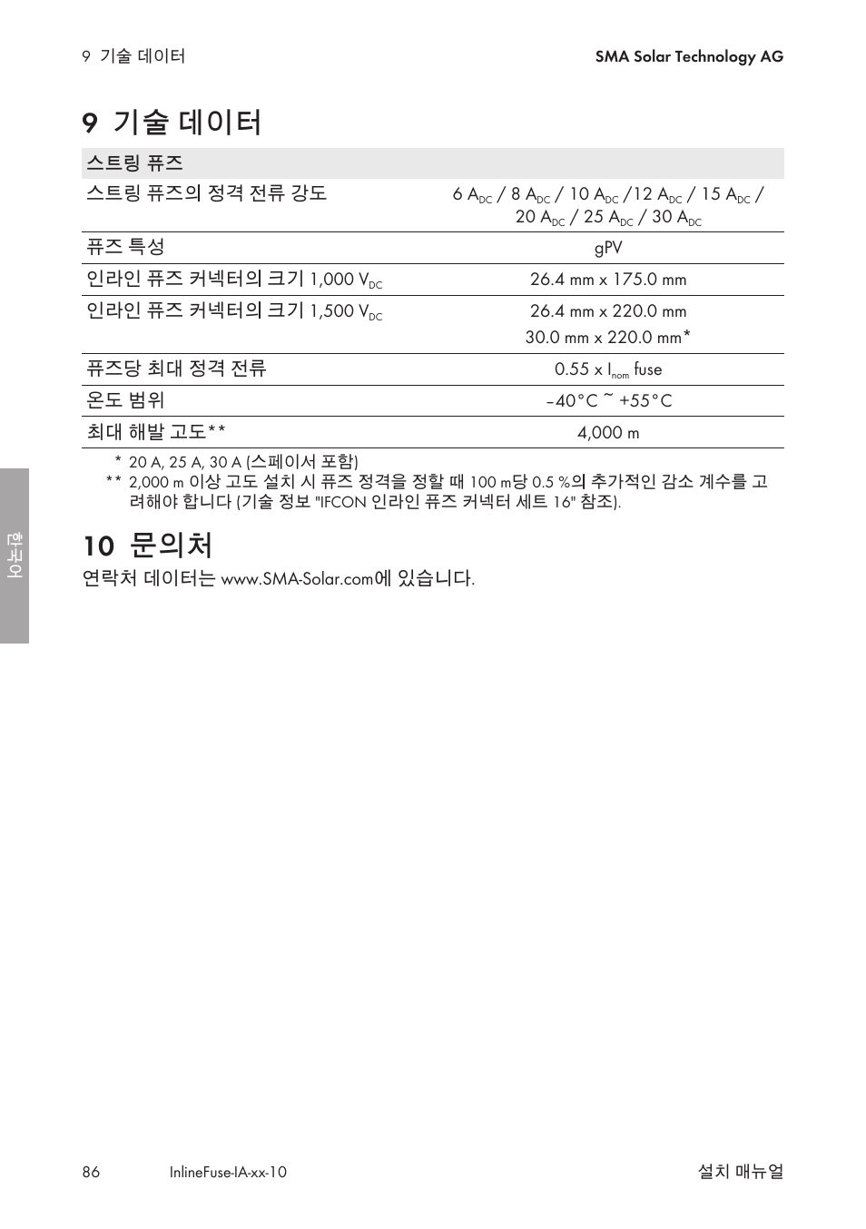 9 기술 데이터, 10 문의처, 기술 데이터 | SMA IFCON Inline-Fuse-Connector-Set16 User Manual | Page 86 / 88