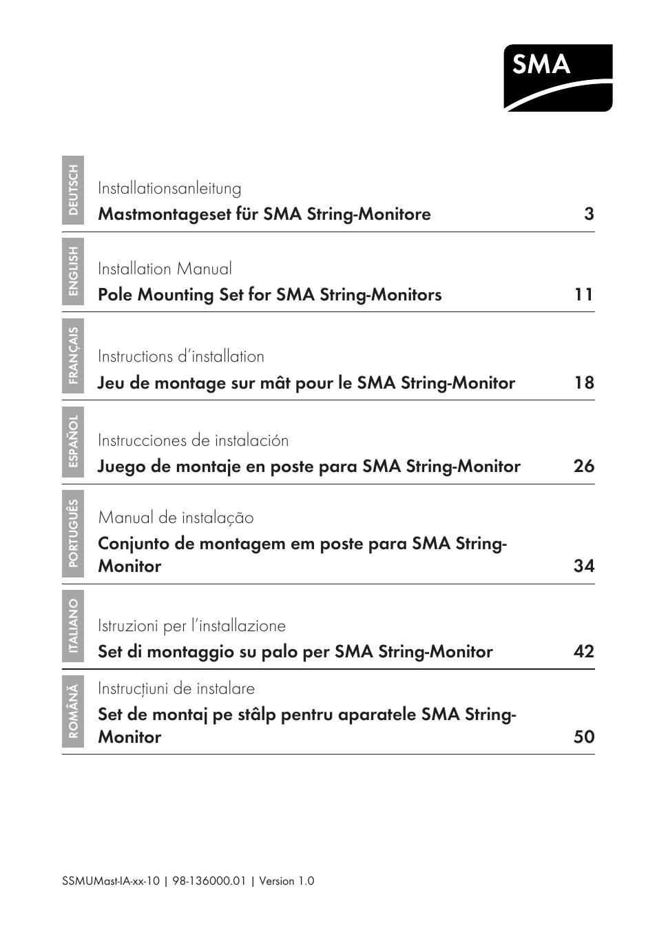 SMA String-Monitors Pole Mounting Set User Manual | 74 pages