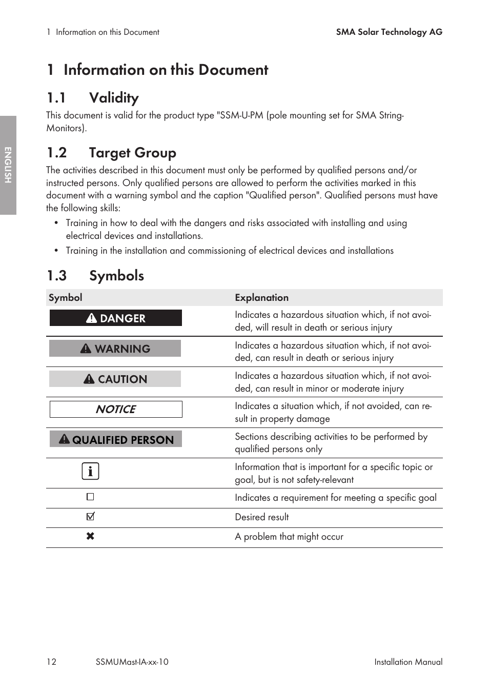 1 information on this document, 1 validity, 2 target group | 3 symbols, Information on this document, Validity, Target group, Symbols | SMA String-Monitors Pole Mounting Set User Manual | Page 12 / 74