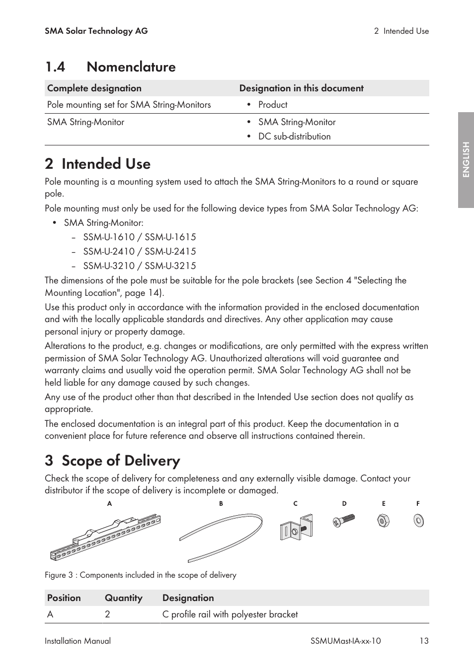 4 nomenclature, 2 intended use, 3 scope of delivery | Nomenclature, Intended use, Scope of delivery | SMA String-Monitors Pole Mounting Set User Manual | Page 13 / 74