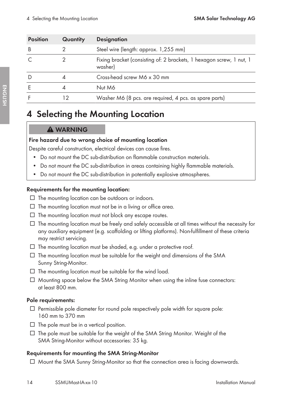 4 selecting the mounting location, Selecting the mounting location | SMA String-Monitors Pole Mounting Set User Manual | Page 14 / 74