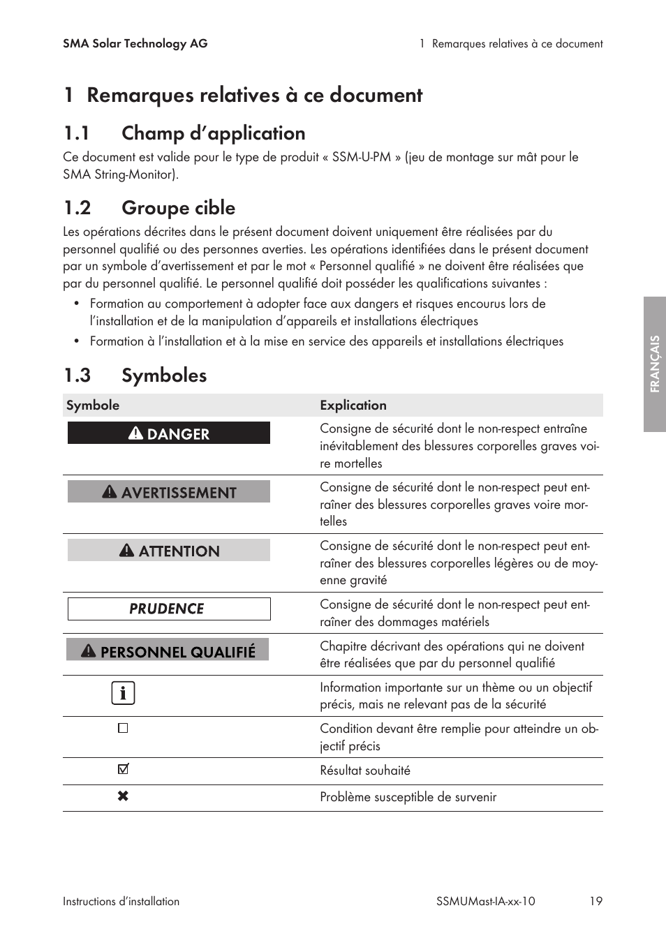 1 remarques relatives à ce document, 1 champ d’application, 2 groupe cible | 3 symboles, Remarques relatives à ce document, Champ d’application, Groupe cible, Symboles | SMA String-Monitors Pole Mounting Set User Manual | Page 19 / 74