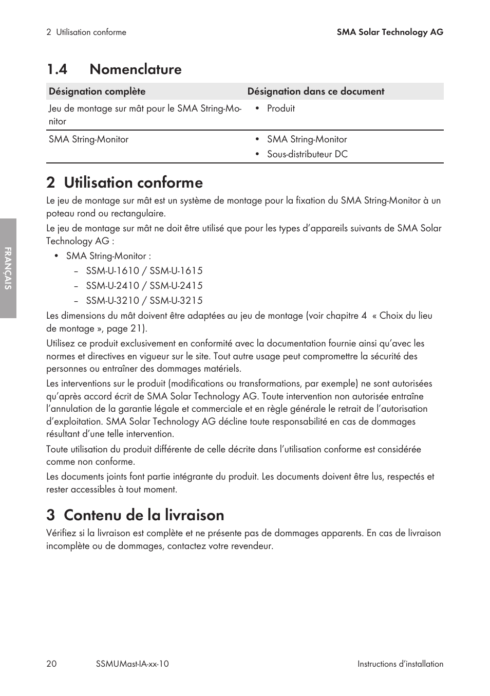 4 nomenclature, 2 utilisation conforme, 3 contenu de la livraison | Nomenclature, Utilisation conforme, Contenu de la livraison | SMA String-Monitors Pole Mounting Set User Manual | Page 20 / 74