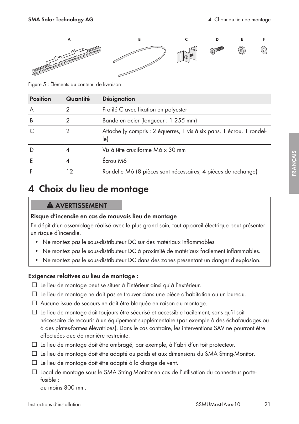 4 choix du lieu de montage, Choix du lieu de montage | SMA String-Monitors Pole Mounting Set User Manual | Page 21 / 74