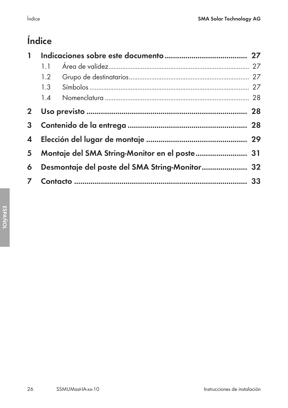 Índice | SMA String-Monitors Pole Mounting Set User Manual | Page 26 / 74