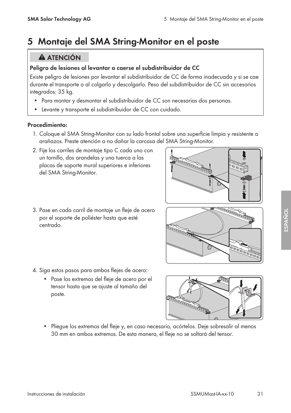 5 montaje del sma string-monitor en el poste, Montaje del sma string-monitor en el poste | SMA String-Monitors Pole Mounting Set User Manual | Page 31 / 74