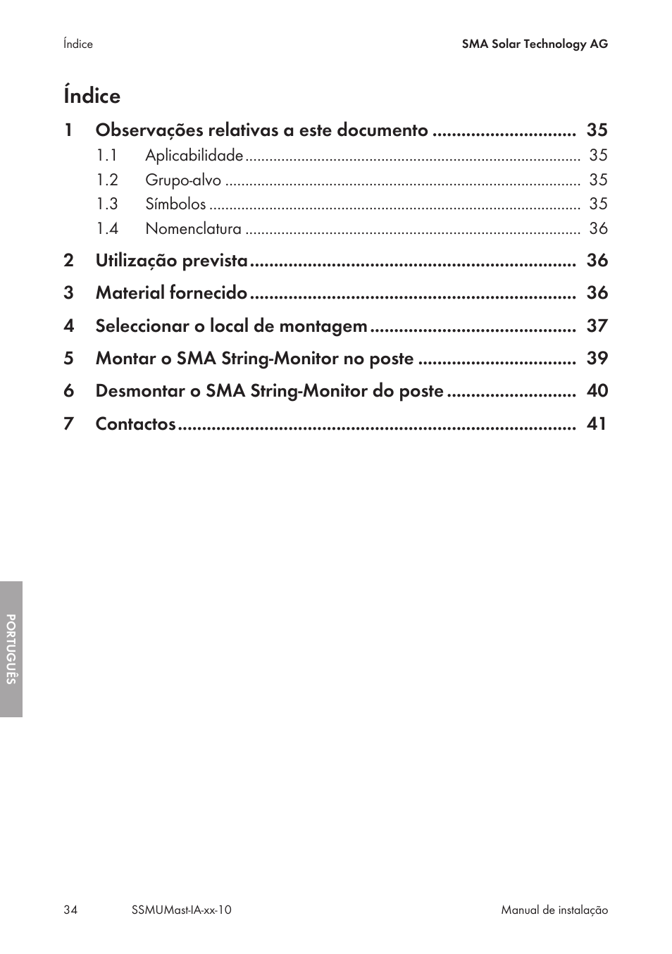 Índice | SMA String-Monitors Pole Mounting Set User Manual | Page 34 / 74