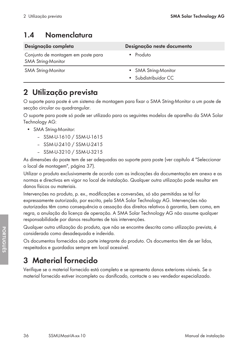 4 nomenclatura, 2 utilização prevista, 3 material fornecido | Nomenclatura, Utilização prevista, Material fornecido | SMA String-Monitors Pole Mounting Set User Manual | Page 36 / 74