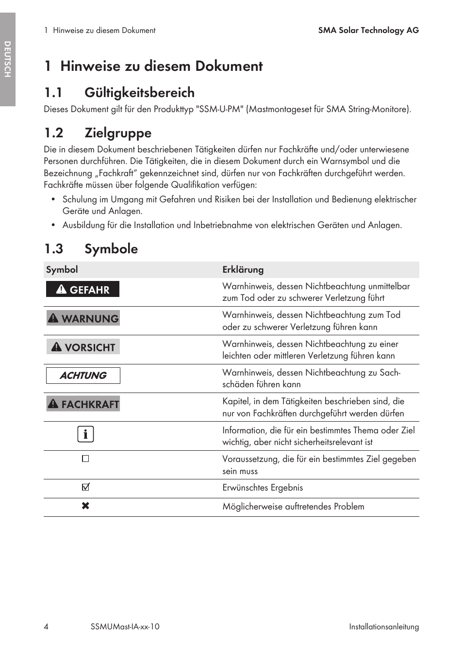 1 hinweise zu diesem dokument, 1 gültigkeitsbereich, 2 zielgruppe | 3 symbole, Hinweise zu diesem dokument, Gültigkeitsbereich, Zielgruppe, Symbole | SMA String-Monitors Pole Mounting Set User Manual | Page 4 / 74