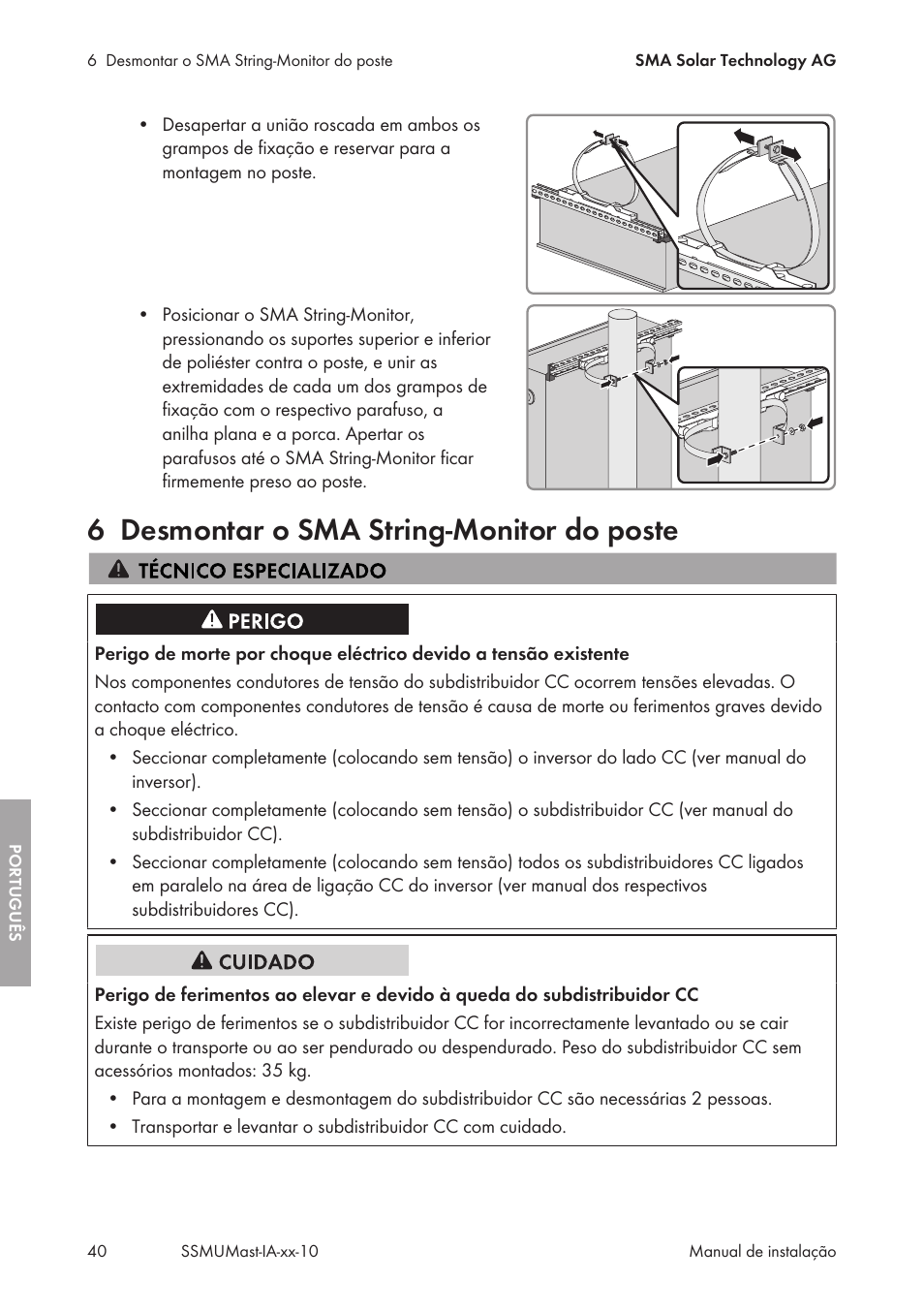 6 desmontar o sma string-monitor do poste, Desmontar o sma string-monitor do poste | SMA String-Monitors Pole Mounting Set User Manual | Page 40 / 74