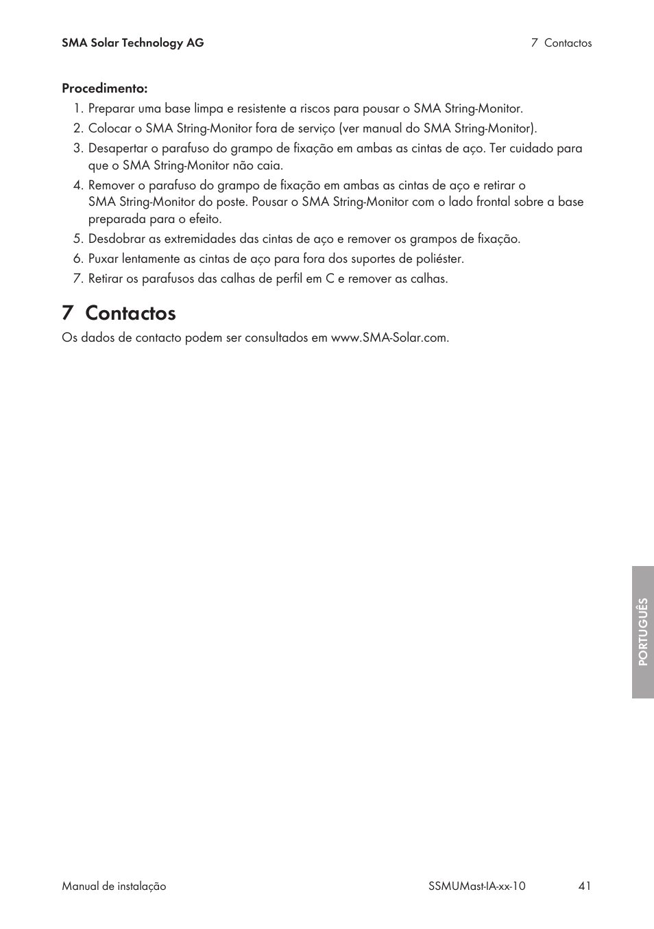 7 contactos, Contactos | SMA String-Monitors Pole Mounting Set User Manual | Page 41 / 74