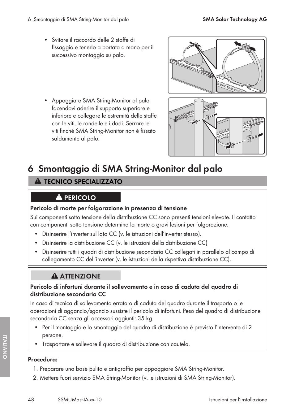 6 smontaggio di sma string-monitor dal palo, Smontaggio di sma string-monitor dal palo | SMA String-Monitors Pole Mounting Set User Manual | Page 48 / 74