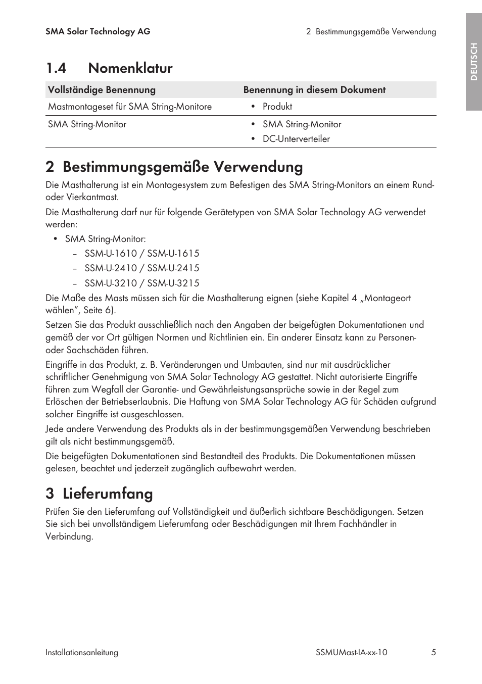 4 nomenklatur, 2 bestimmungsgemäße verwendung, 3 lieferumfang | Nomenklatur, Bestimmungsgemäße verwendung, Lieferumfang | SMA String-Monitors Pole Mounting Set User Manual | Page 5 / 74