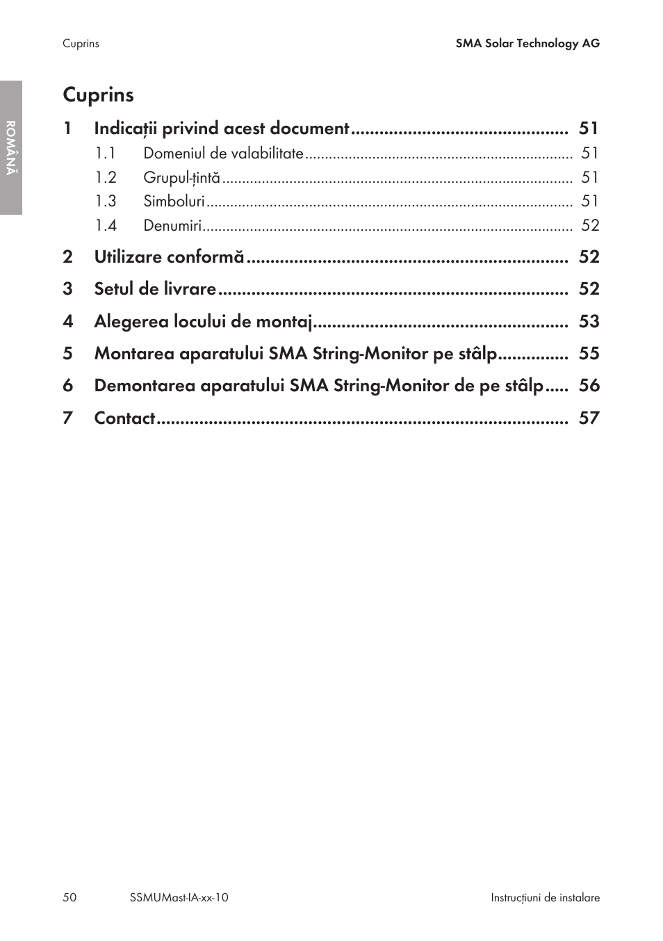 Cuprins | SMA String-Monitors Pole Mounting Set User Manual | Page 50 / 74